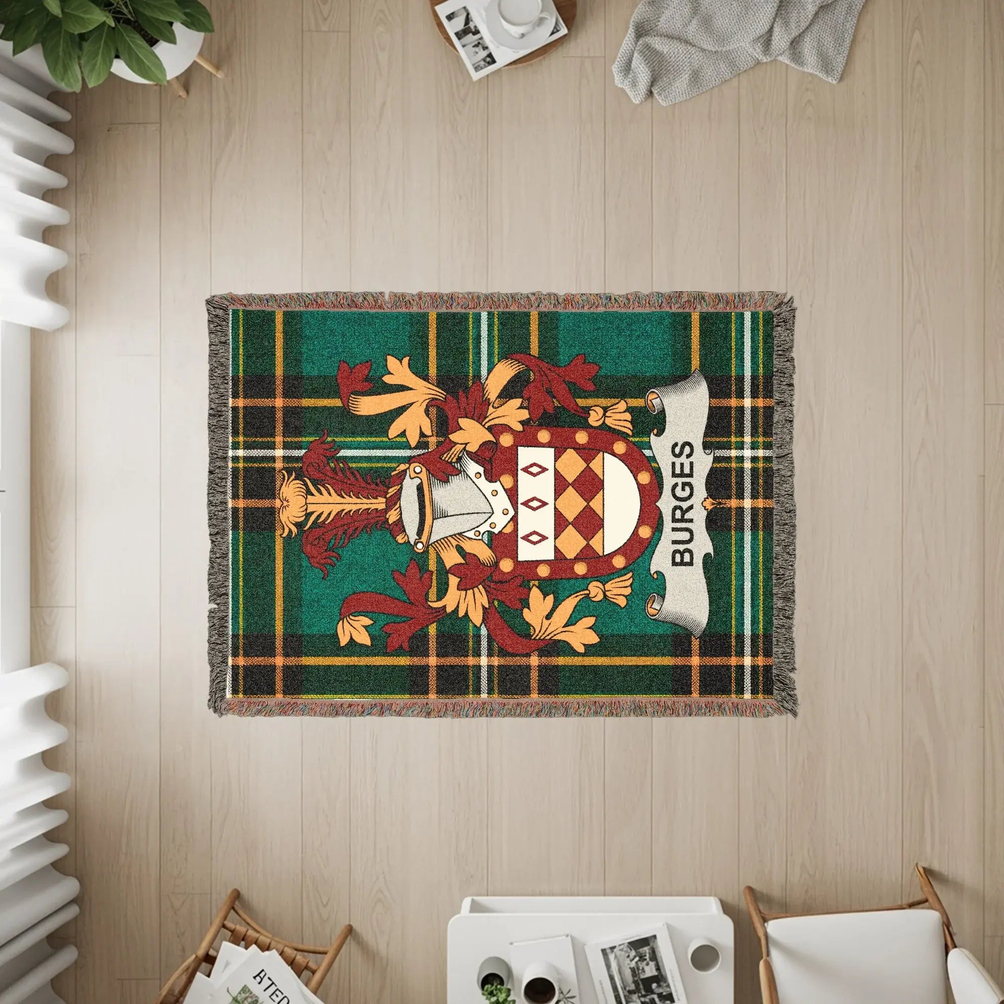 Burges Family Crest Green Tartan Woven Throw Blanket