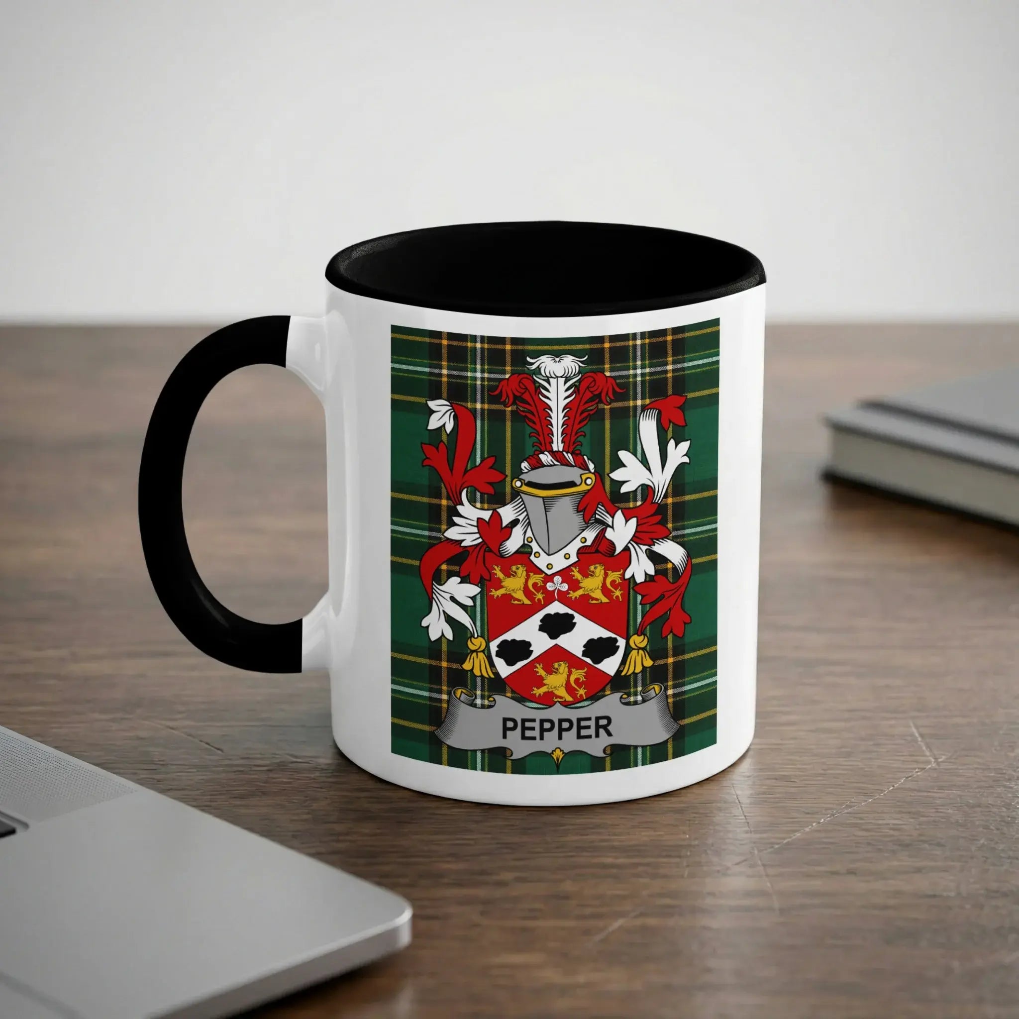 Pepper Irish heritage mug with black interior and surname crest