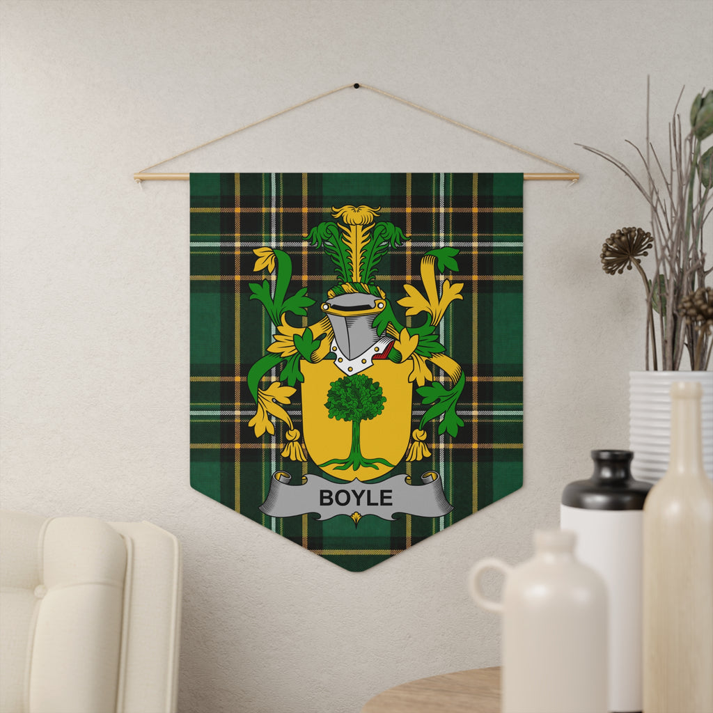 Boyle family crest on green plaid banner with grey scroll.