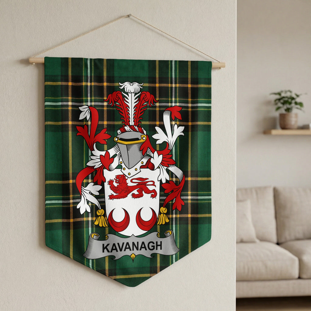 Kavanagh family crest on a green tartan banner hanging on a wall.