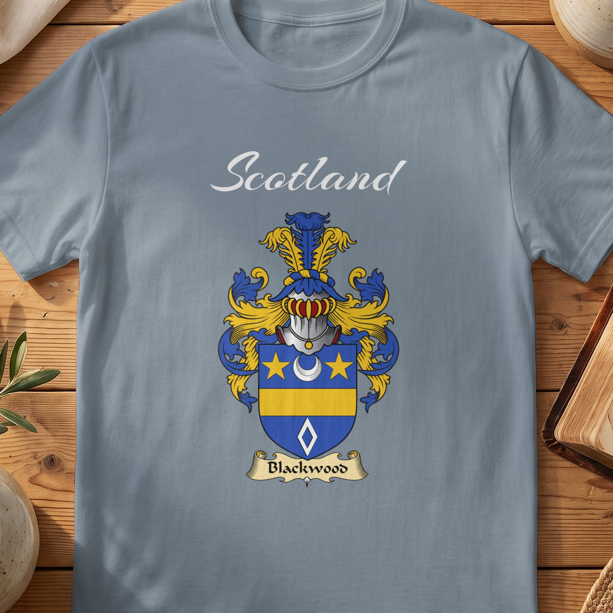 Blackwood Scottish family shield T-shirt in Stone Blue