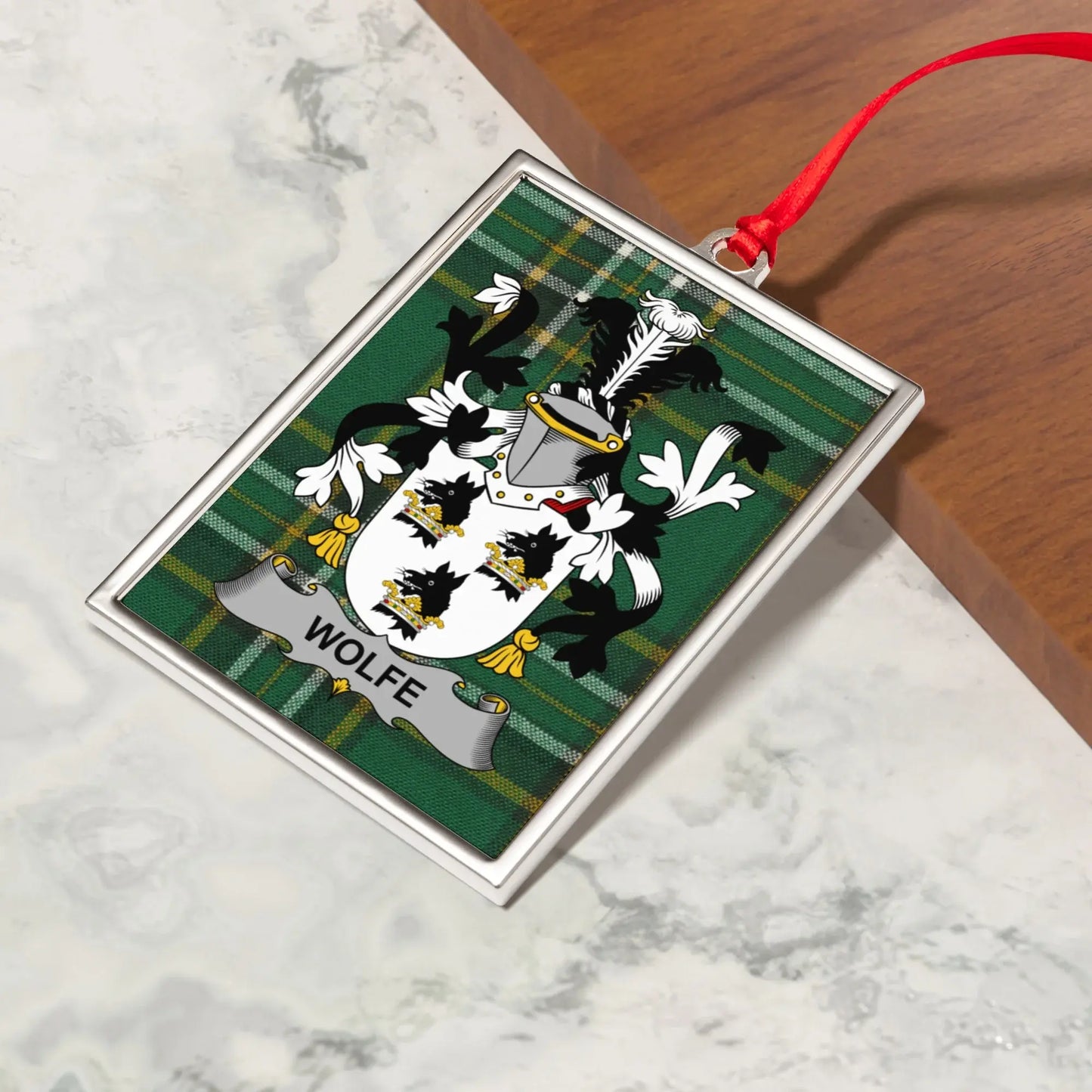 Wolfe Family Crest Plaid Ornament product type