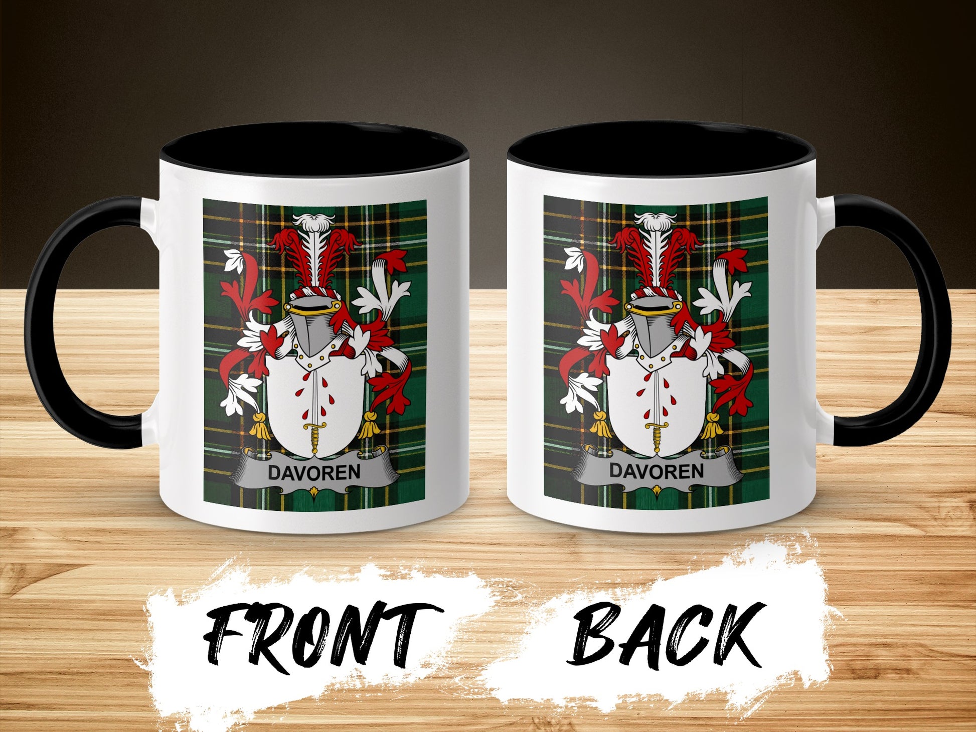Two mugs featuring a red, white, and green coat of arms with "DAVOREN" text.