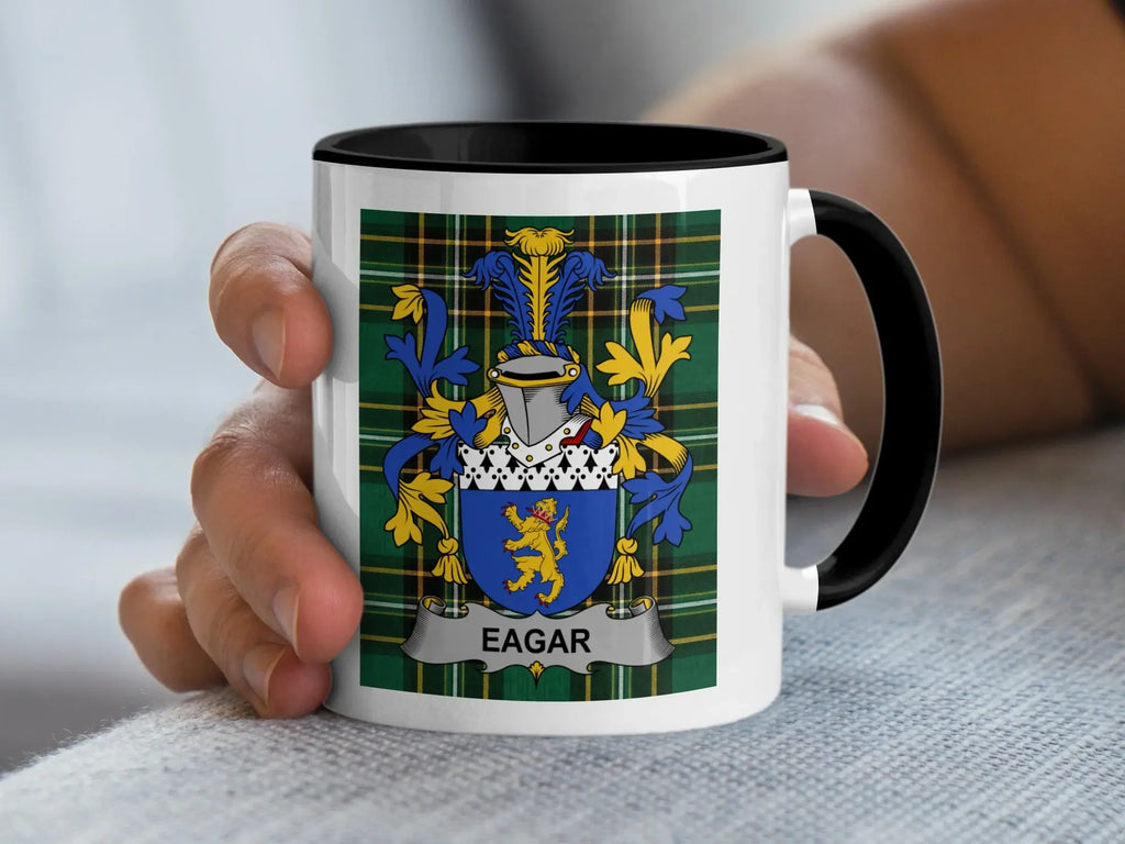 Eagar Irish heritage mug with black handle and family crest
