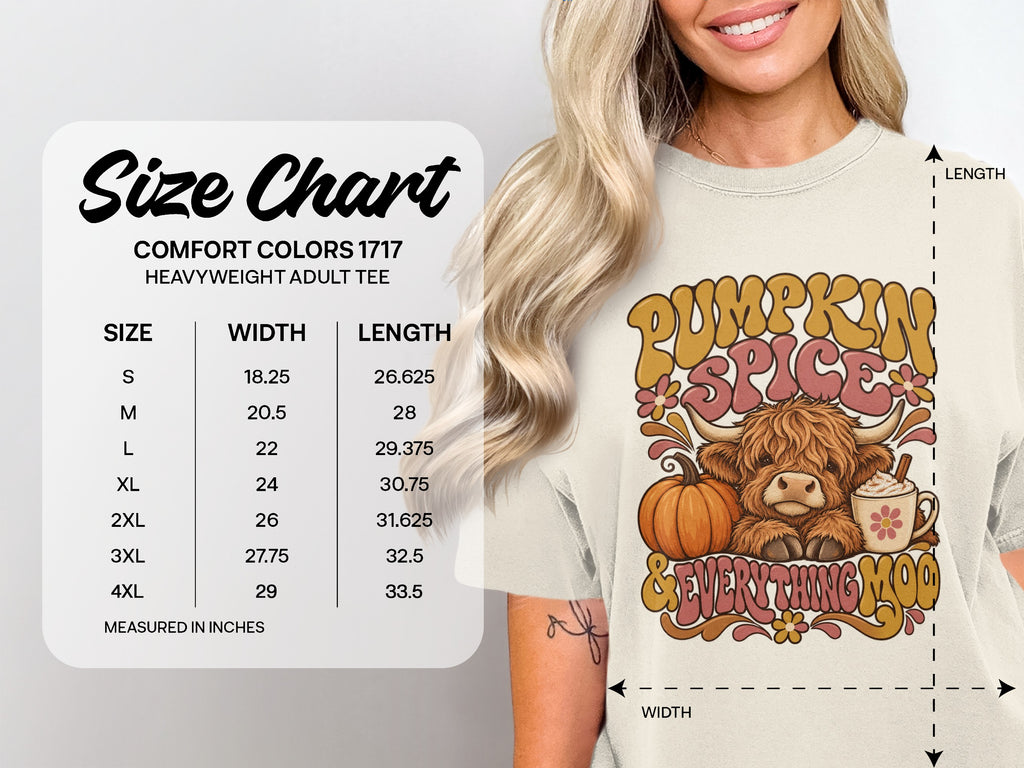 Comfort Colors 1717 size chart, S–4XL, for the Pumpkin Spice & Everything Moo Highland cow T-shirt