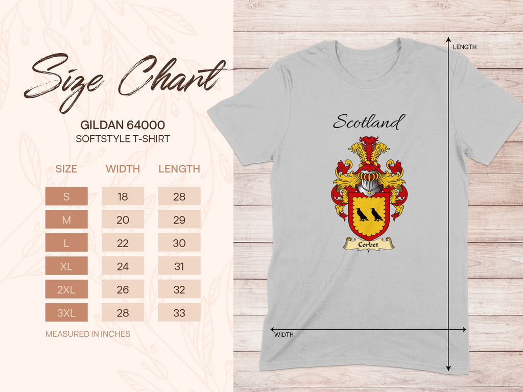 Gildan 64000 size chart for the Corbet unisex T-shirt, sizes S to 3XL