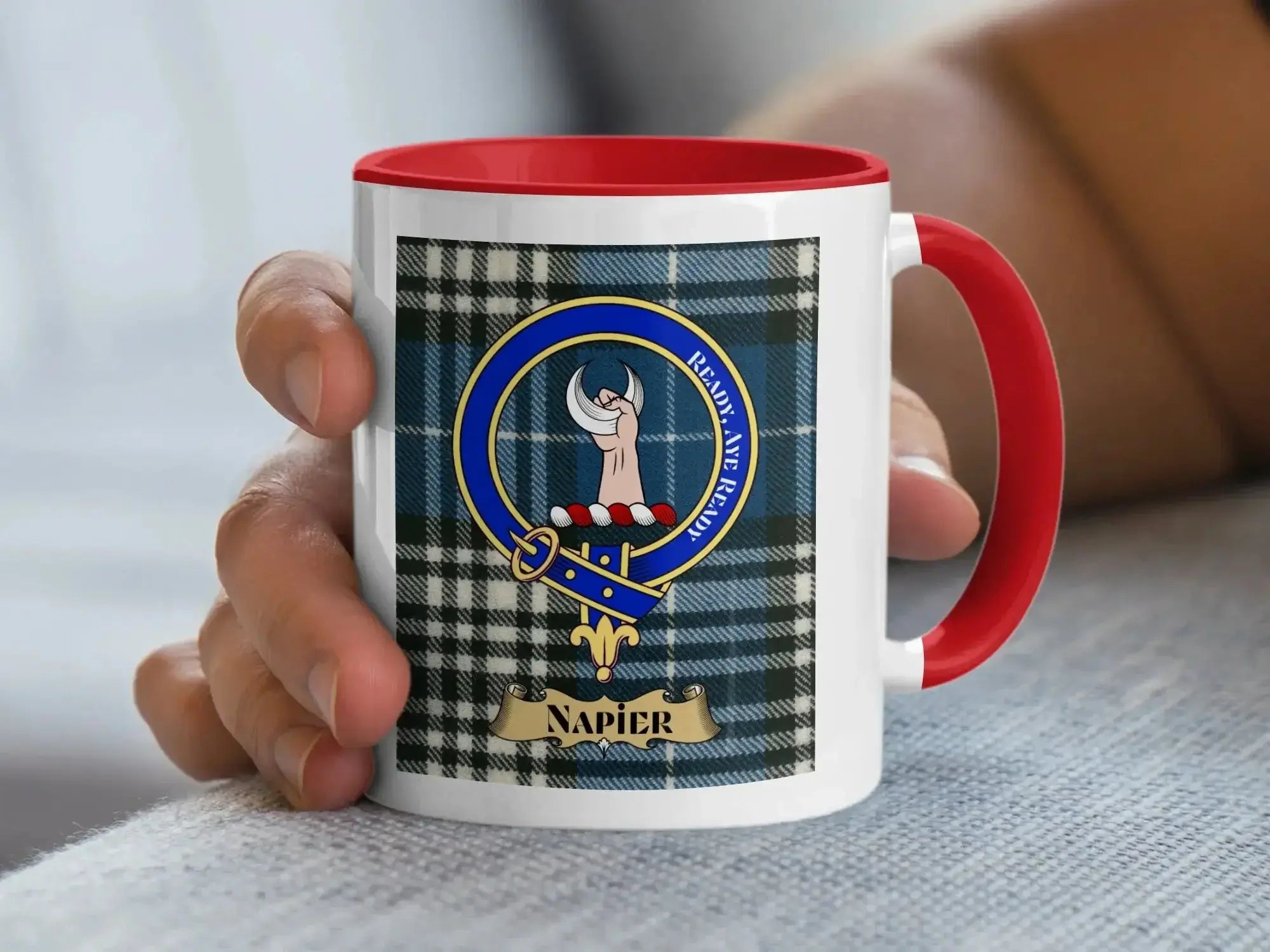 Clan Napier accent mug showing crest detail — sans tache motto, 11oz