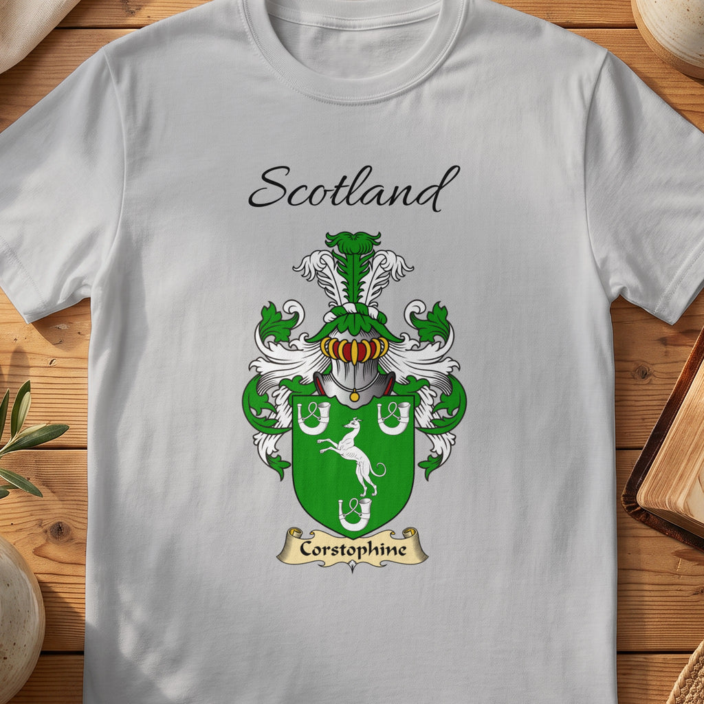 Sport Grey Corstorphine Scottish family shield T-shirt featuring a white animal and horseshoes on green
