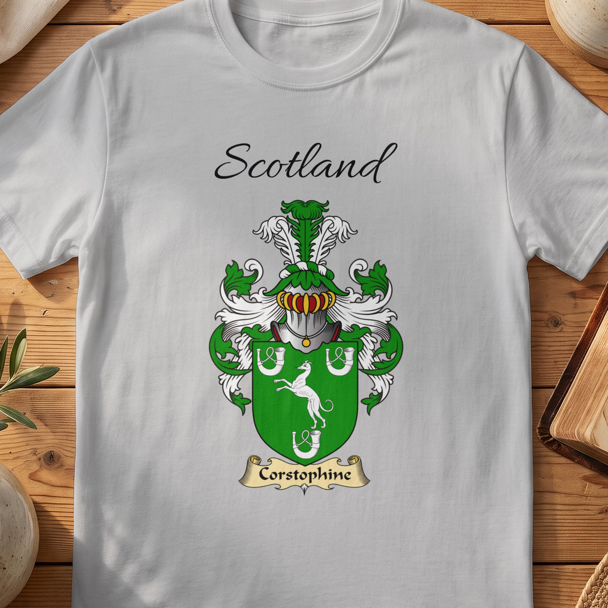 Sport Grey Corstorphine Scottish family shield T-shirt featuring a white animal and horseshoes on green