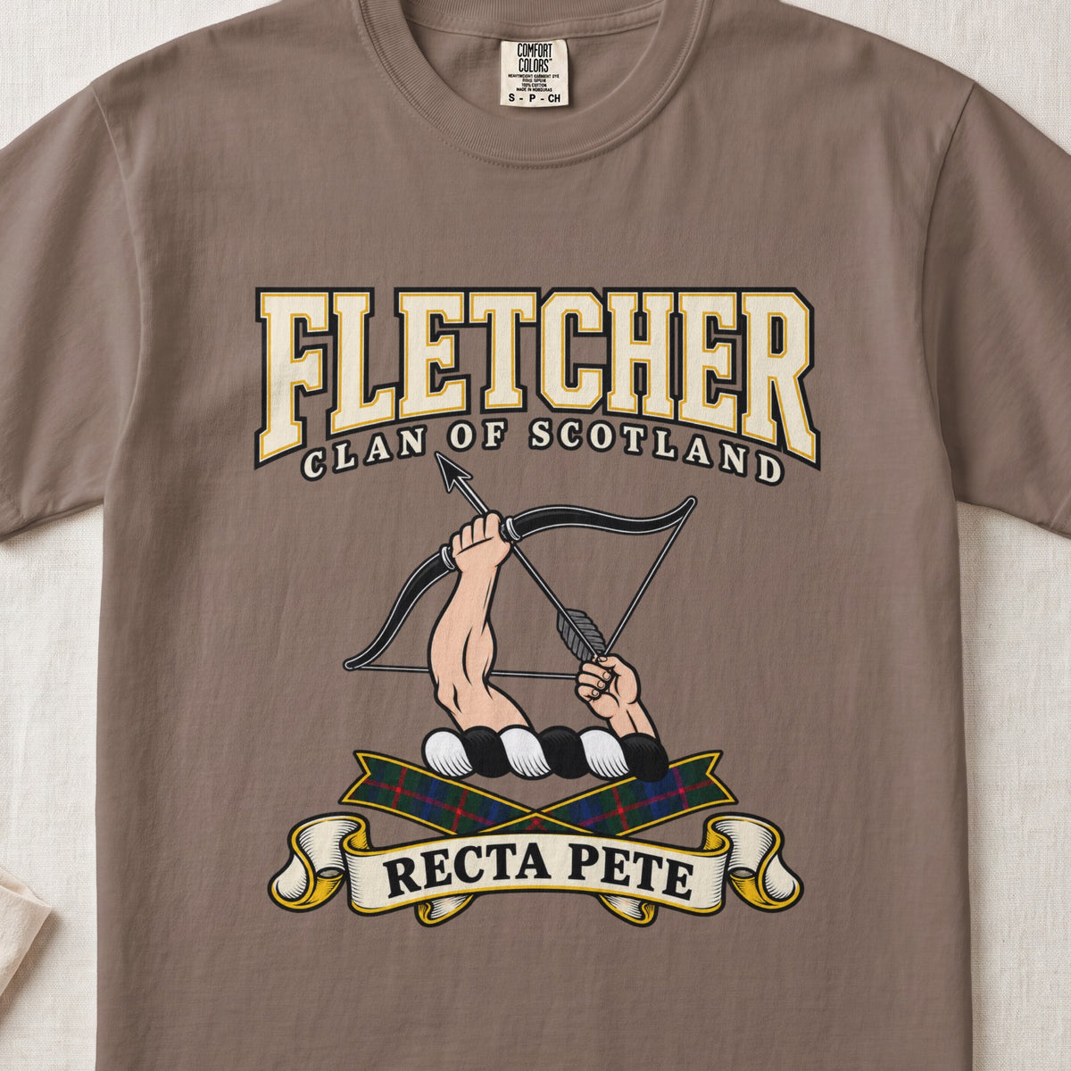 Fletcher Scottish clan graphic T-shirt in Espresso, front view