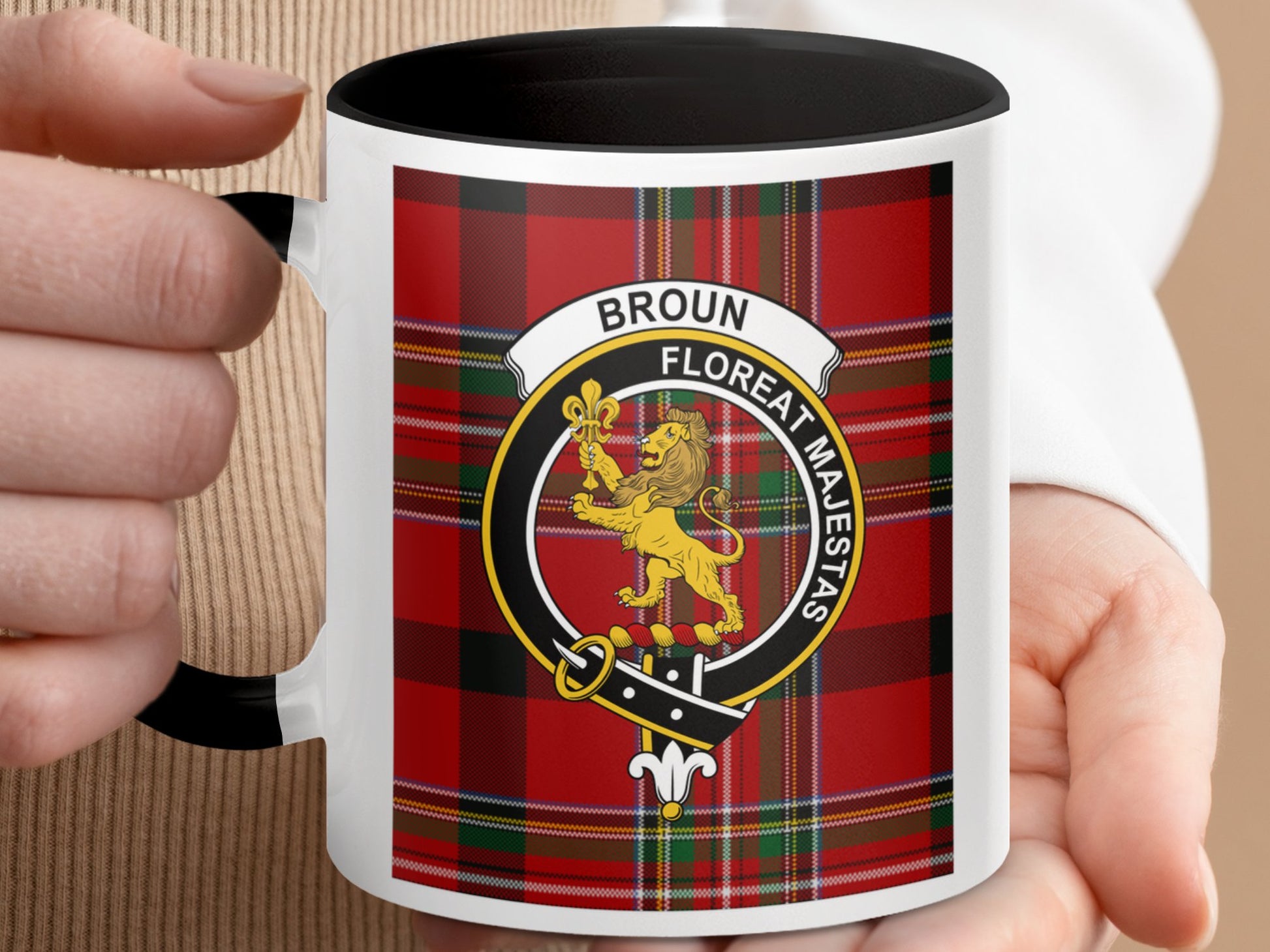 Scottish Clan Broun Crest and Tartan Design Mug - Living Stone Gifts