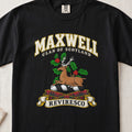 Maxwell Scottish clan T-shirt in Black, front view with a resting stag surrounded by holly leaves and red berries and motto banner.