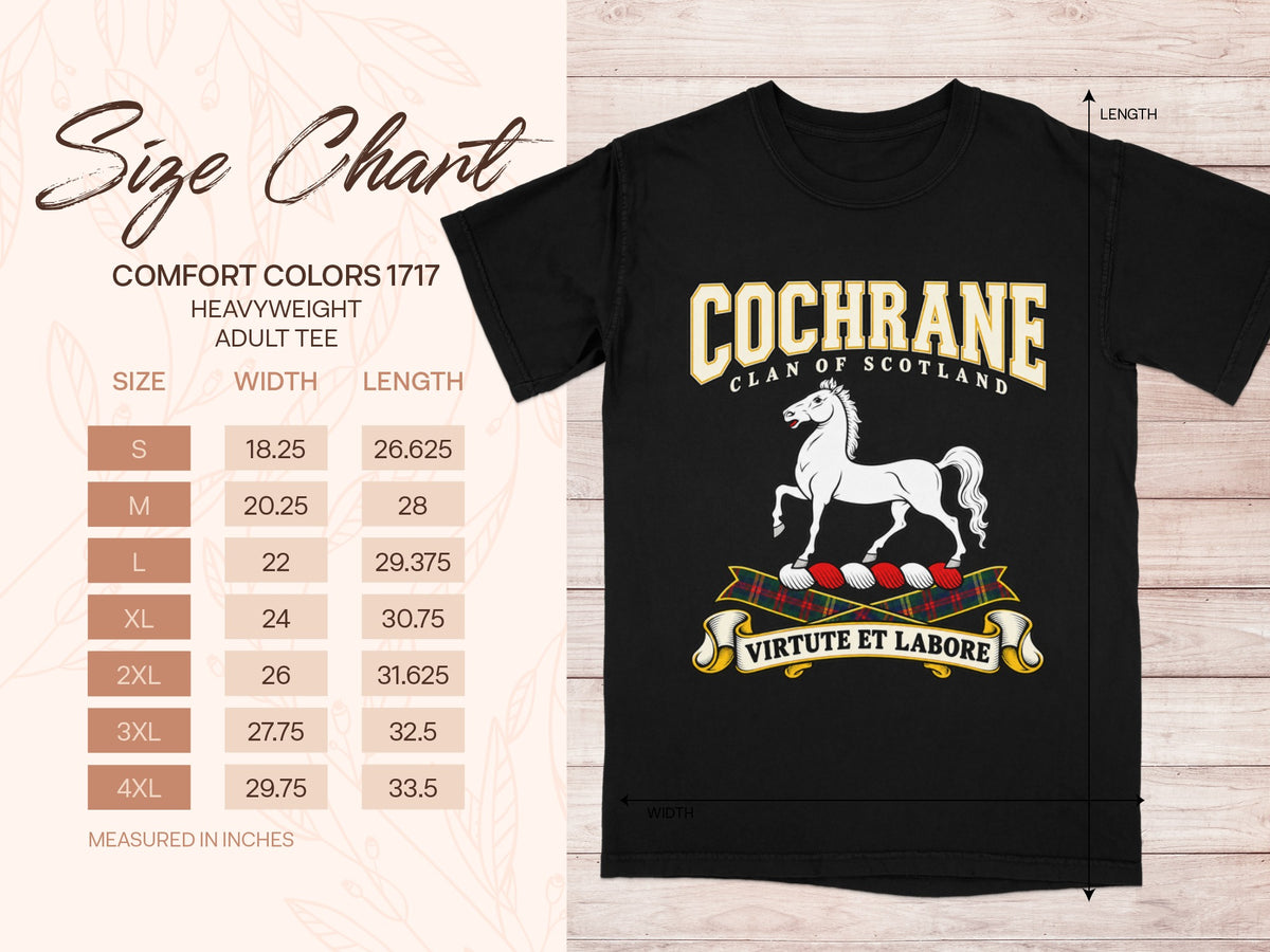 Cochrane Comfort Colors 1717 T-shirt size chart with black shirt illustration