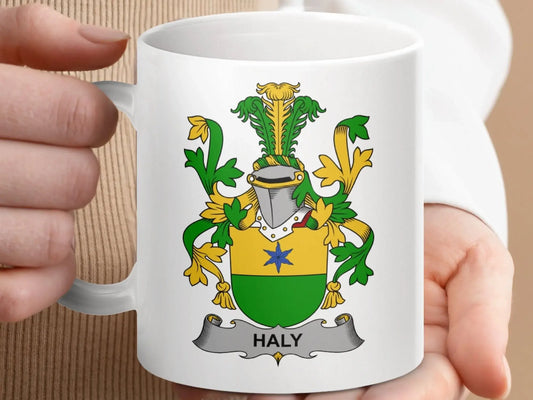 Haly Irish Surname Family Crest Design Unique Gift Mug - Celtic Ancestry Gifts