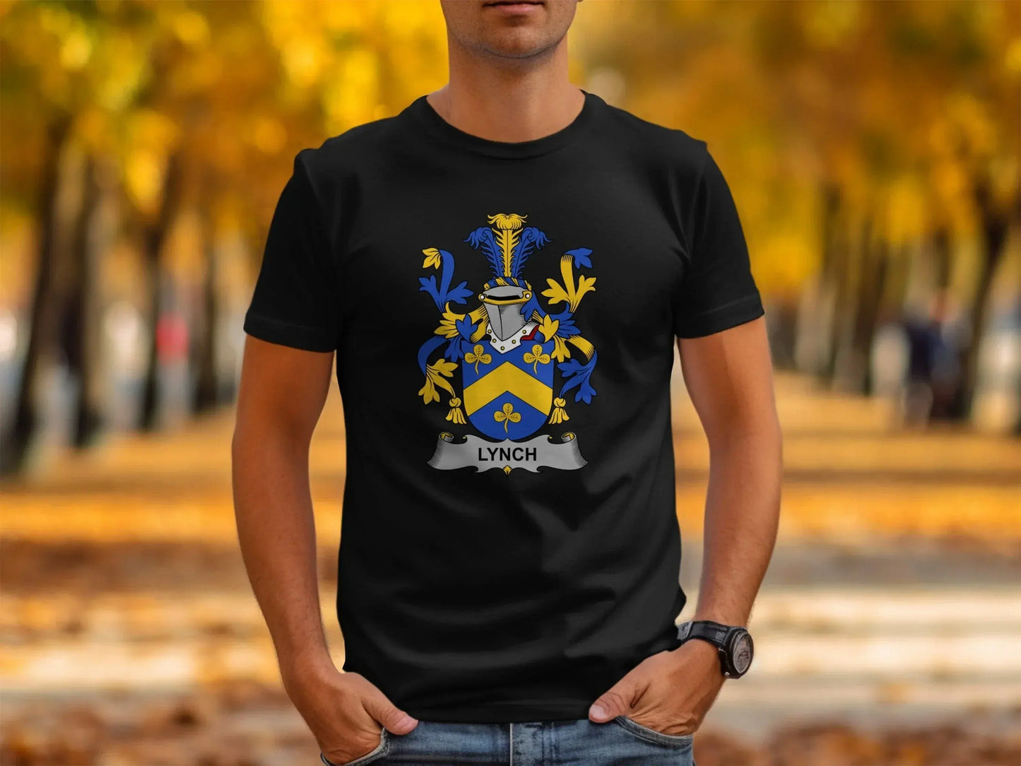 Lynch Family Coat of Arms Blue and Yellow T-Shirt product