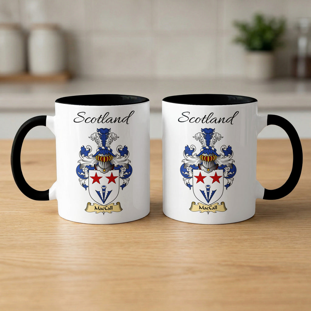 Pair of black-accent MacCall Scottish coat of arms mugs showing the family design printed on both sides