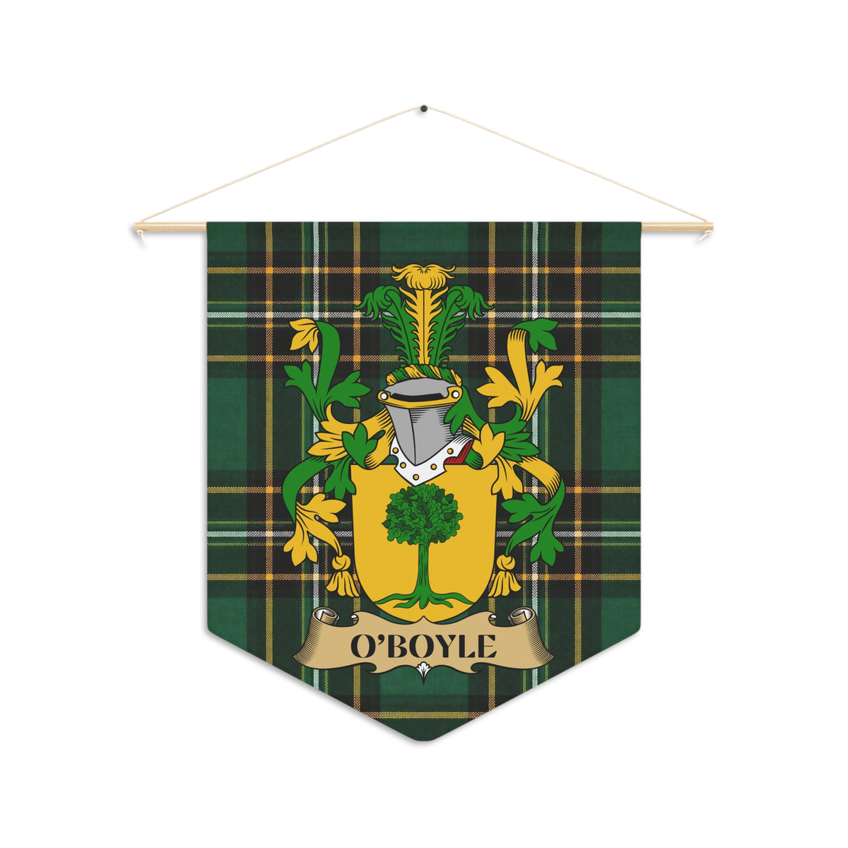 O'Boyle family crest on a green tartan pennant hanging from a wooden rod.
