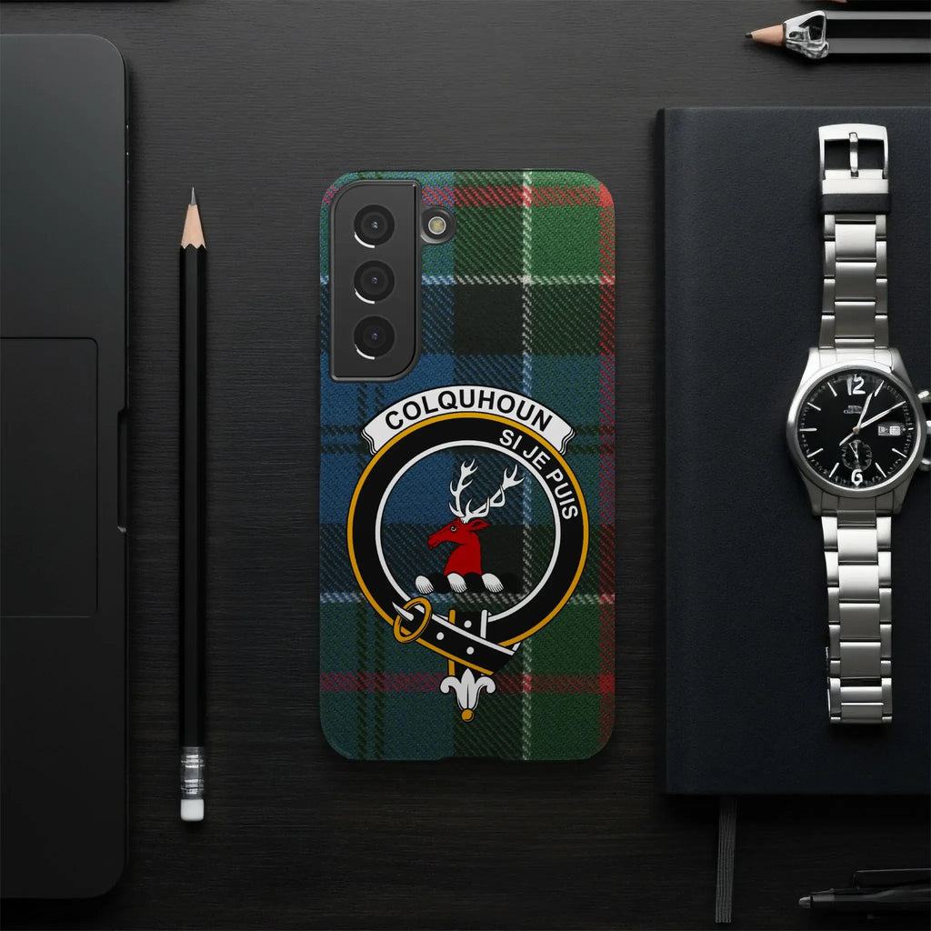Colquhoun crest tartan phone case on iPhone and Samsung — glossy impact-resistant shell
