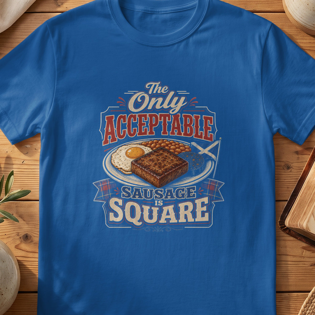 Blue t-shirt with "The Only Acceptable Sausage Is Square" text and a full Scottish breakfast graphic.