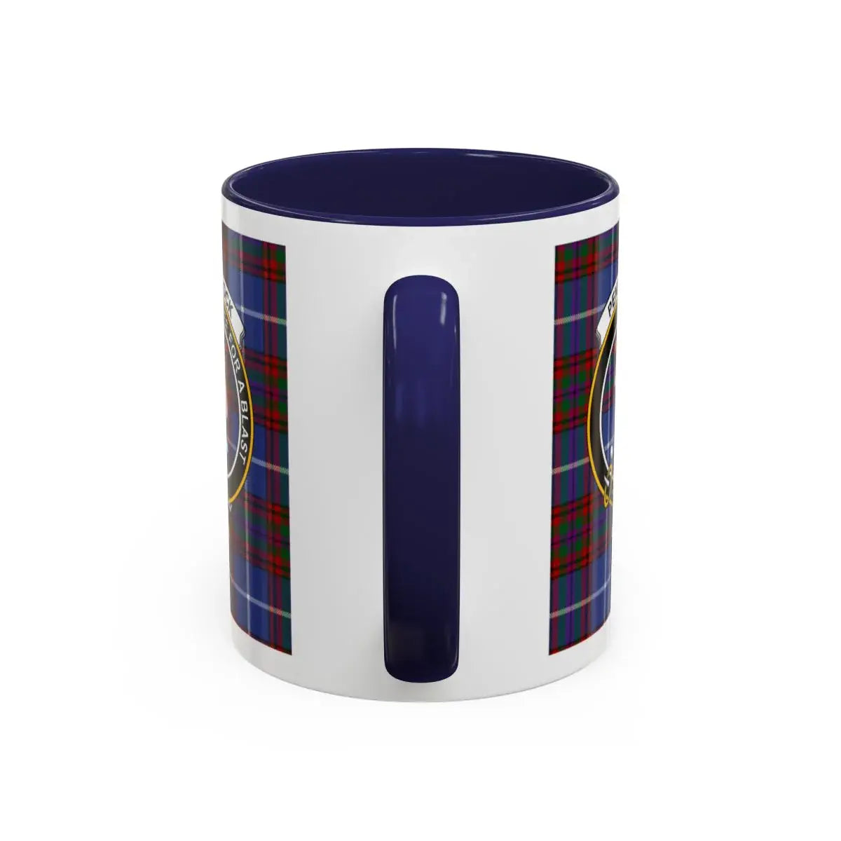 Plaid Pattern Coffee Mug with Navy Blue Handle