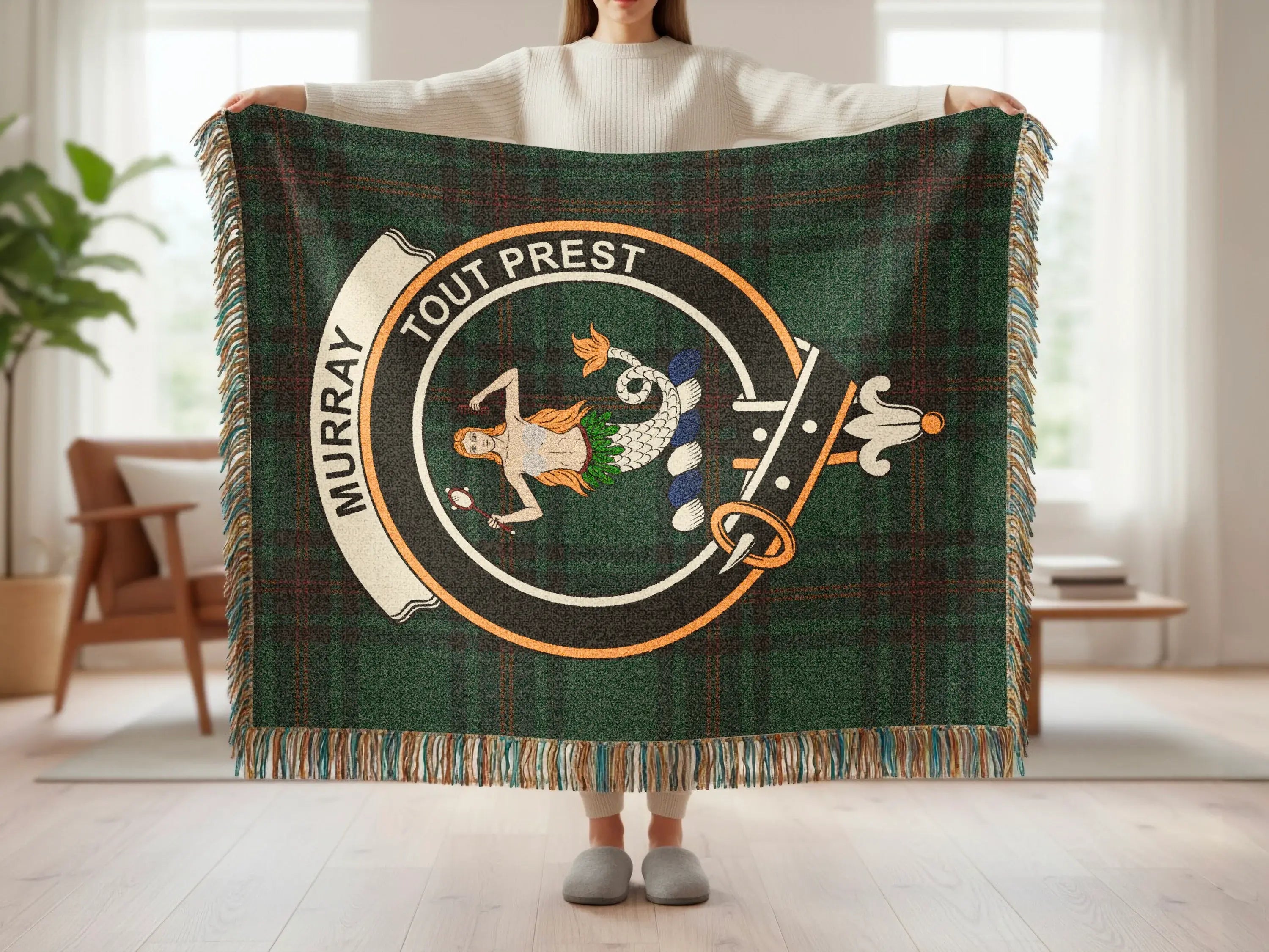 Murray Tout Prest clan crest tartan woven blanket with fringe — cotton throw with tassels