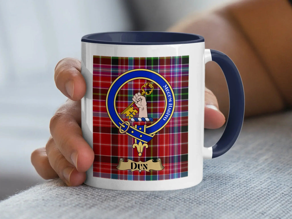 Dun family crest coffee mug with a tartan-background design