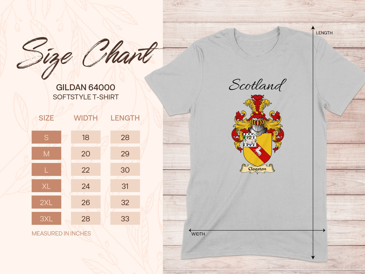 Gildan 64000 size chart for the Clogston unisex T-shirt, sizes S to 3XL