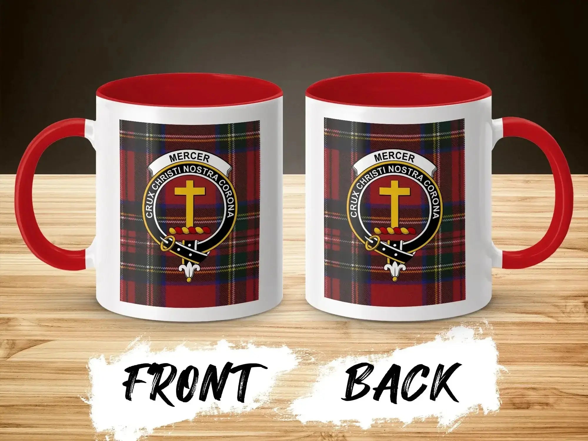 Clan Mercer Crux Christi Nostra Corona tartan mug — glossy ceramic, navy accent handle, 11 oz
