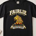 Fairlie Scottish clan T-shirt in Black, front view with a gold lion head and motto design.