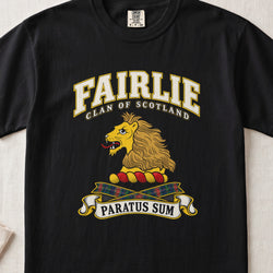 Fairlie Scottish clan T-shirt in Black, front view with a gold lion head and motto design.