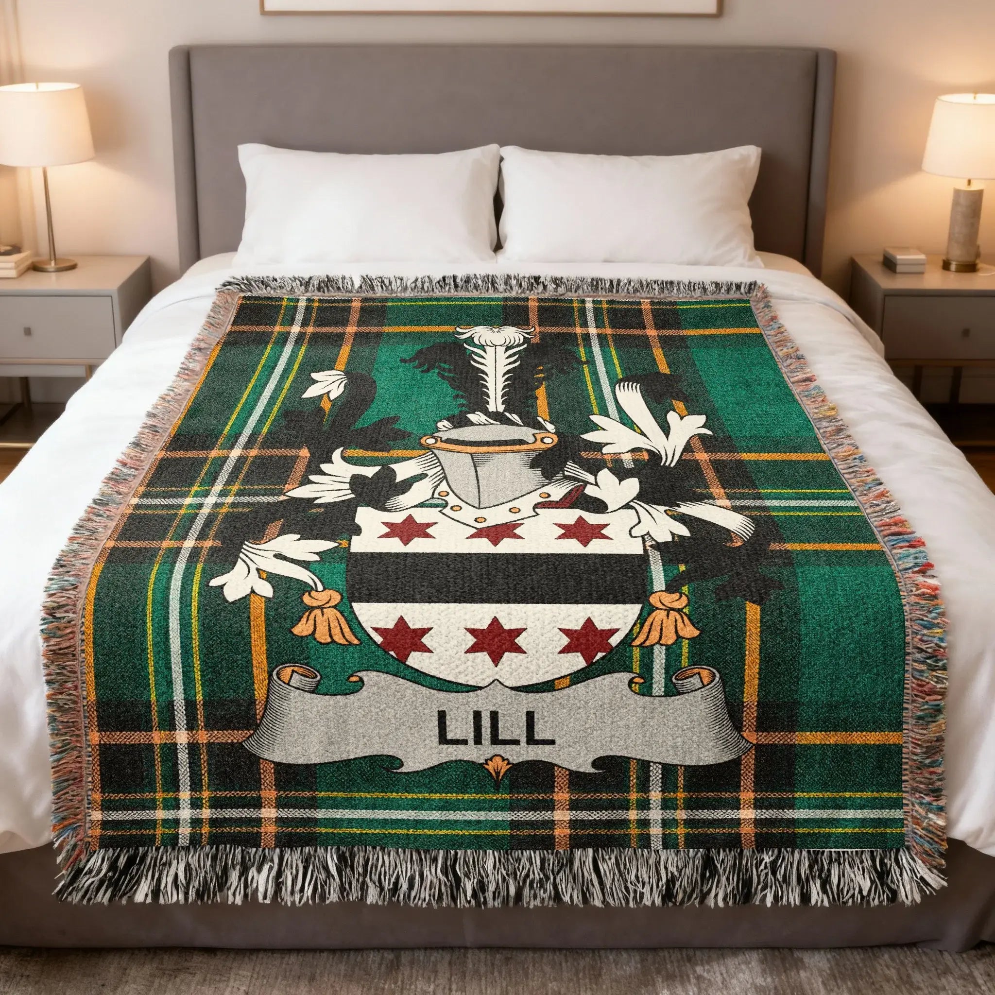 Tartan blanket featuring a family crest with the name "LILL".