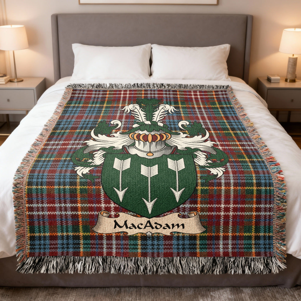 MacAdam Caledonia tartan heritage woven throw blanket with family shield