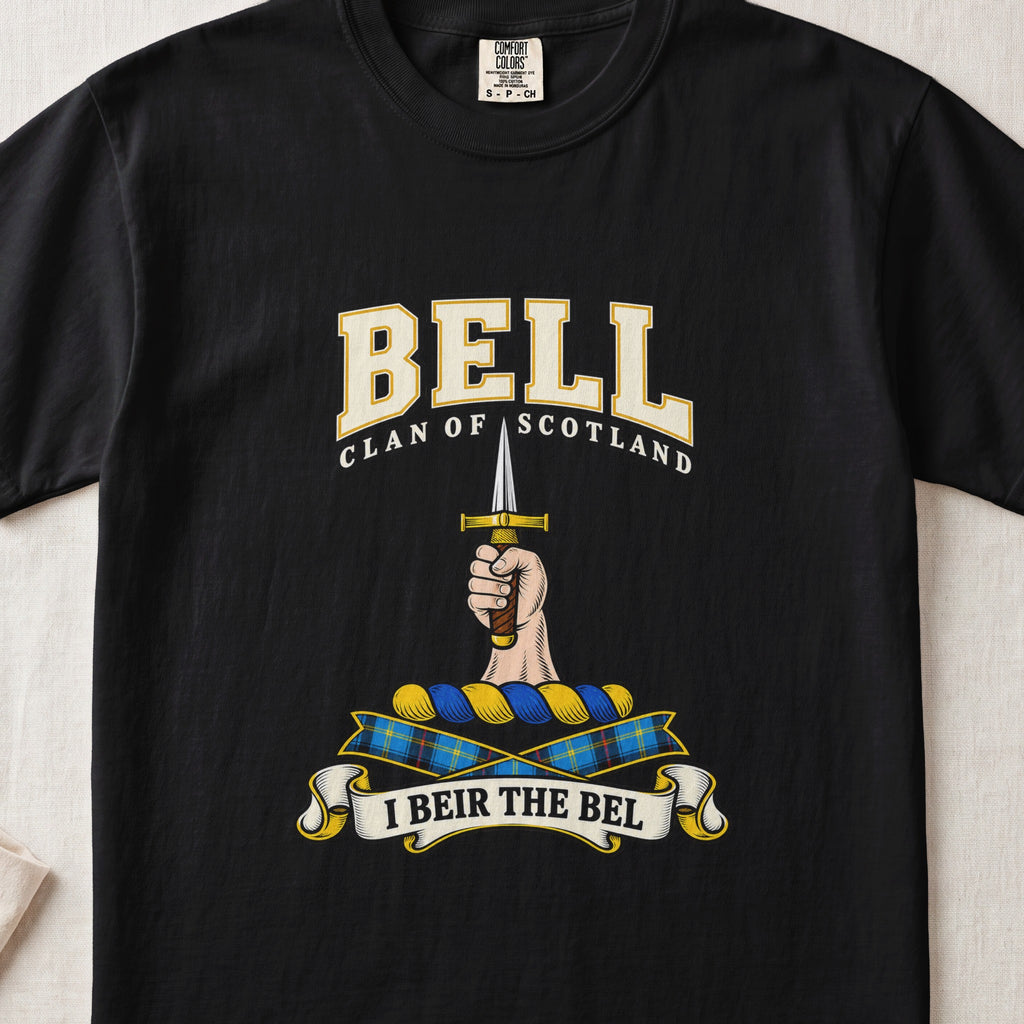 Bell Scottish clan graphic T-shirt in Black, front view