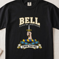 Bell Scottish clan graphic T-shirt in Black, front view