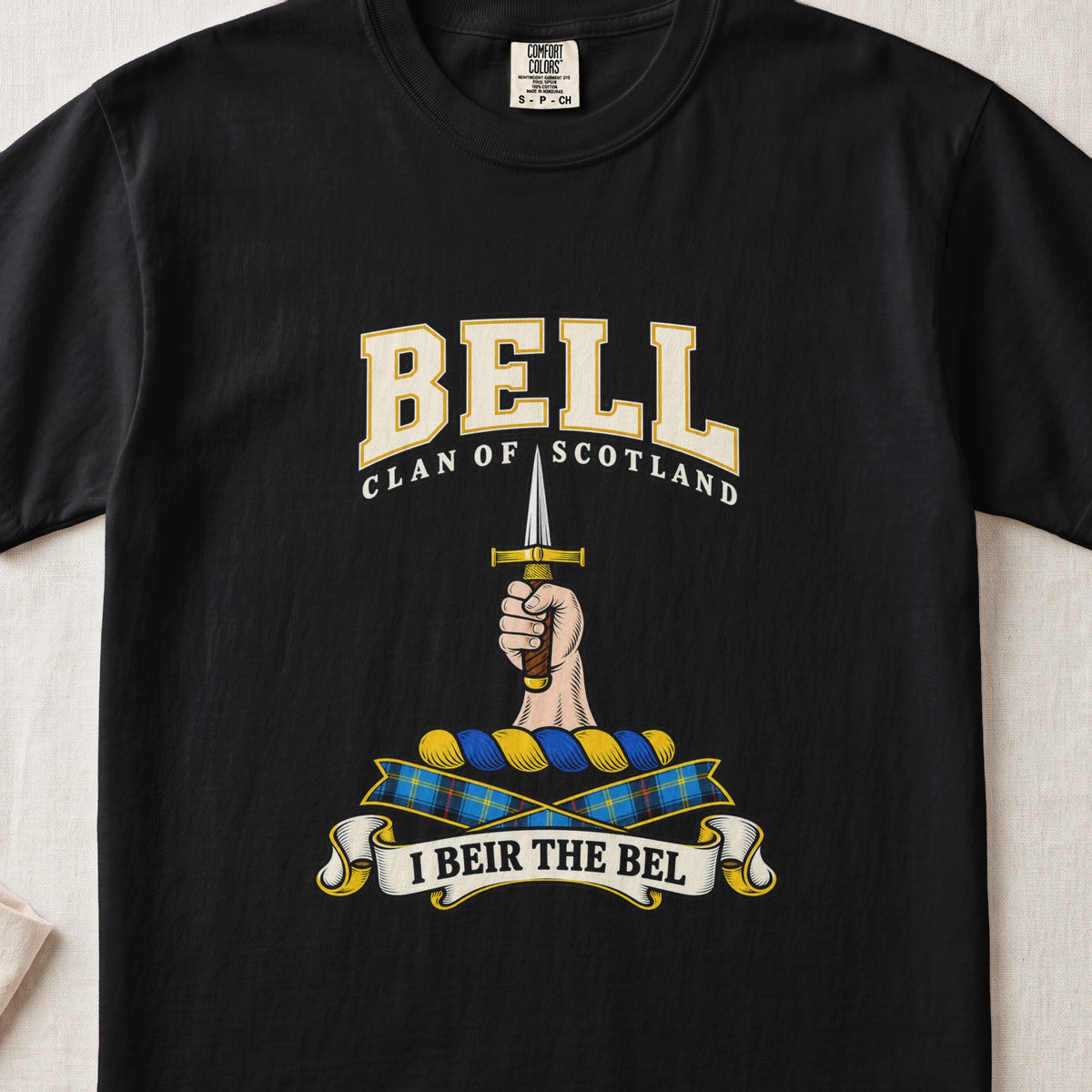 Bell Scottish clan graphic T-shirt in Black, front view
