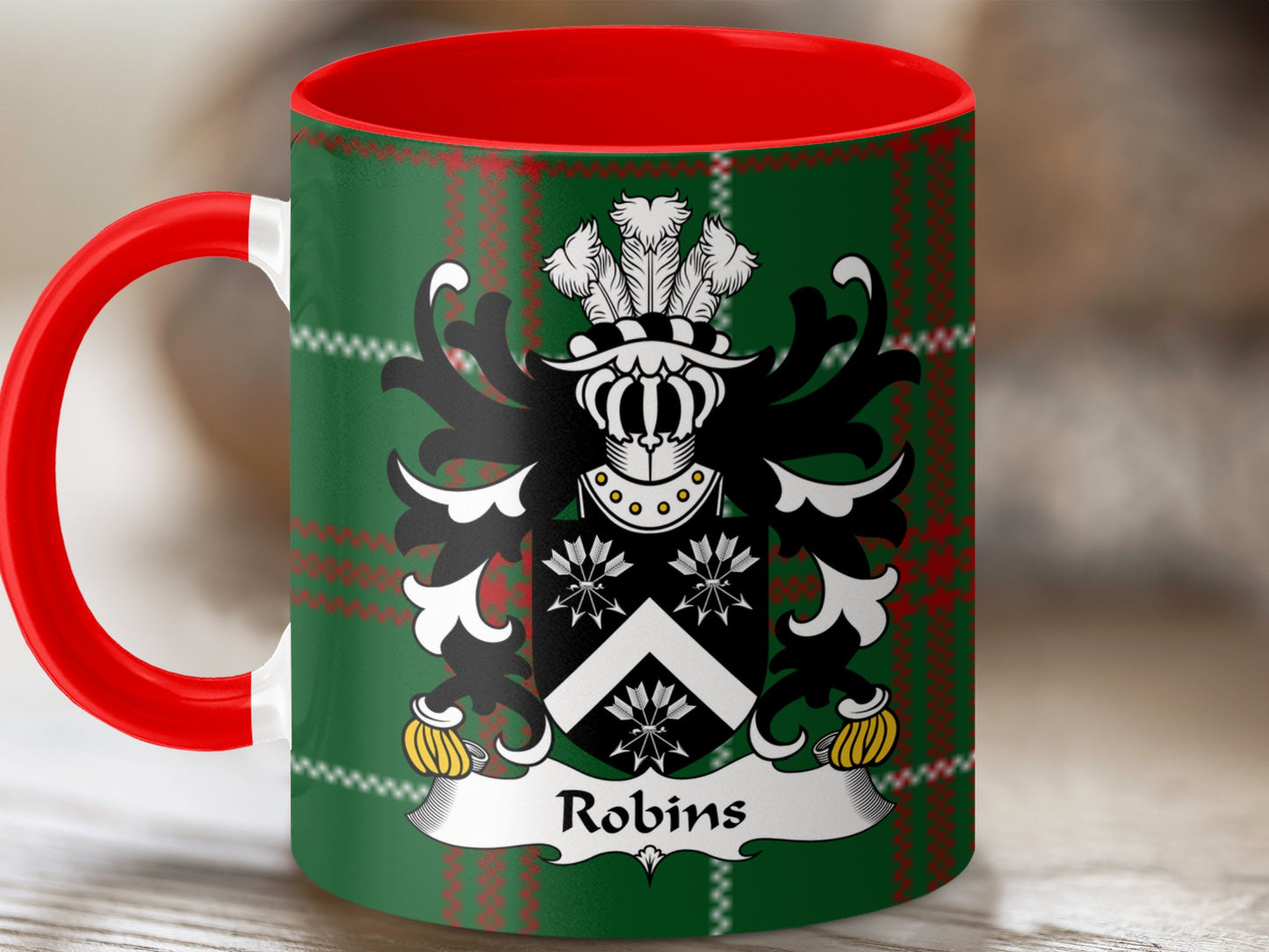 Robins Coat of Arms on Welsh Tartan Design Mug - Living Stone Gifts