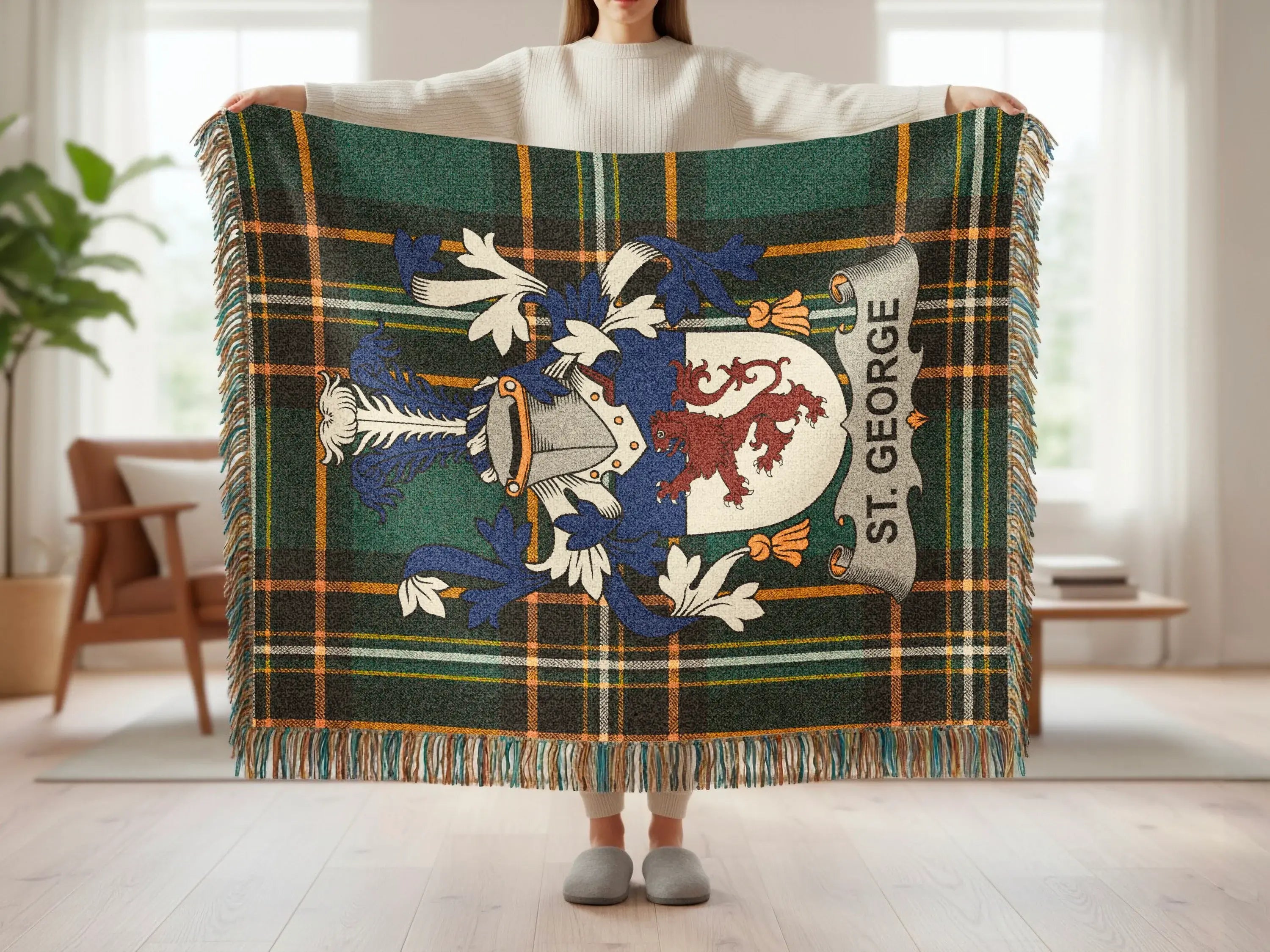 Tartan blanket with St. George crest and lion rampant.