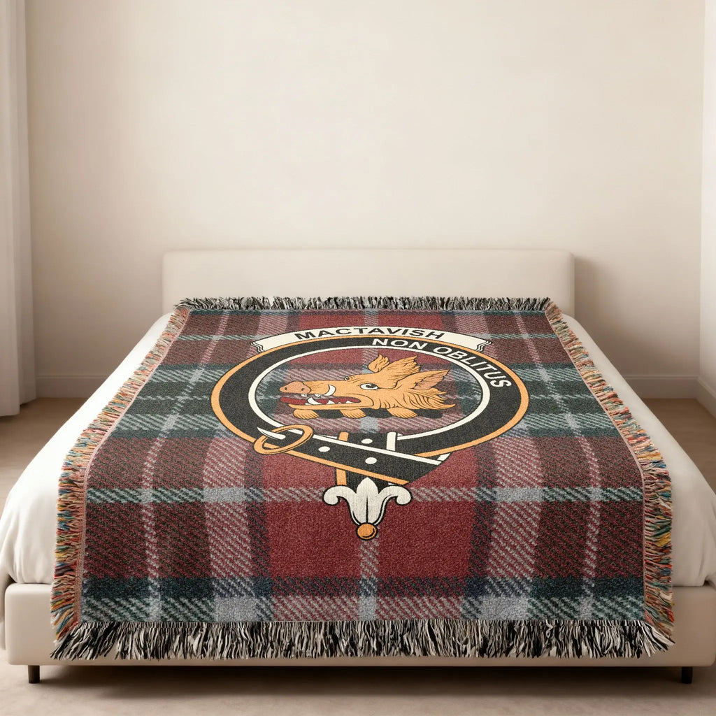 Clan MacTavish tartan plaid woven heritage blanket — full view showing boar crest and fringe border