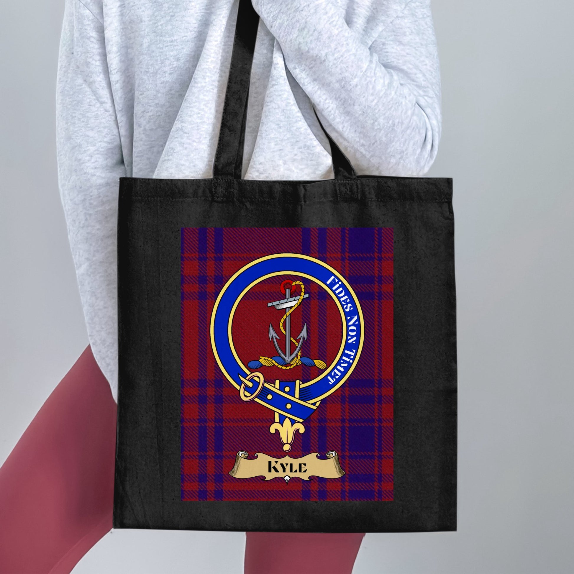 Kyle Scottish Clan Crest on Tartan Background Tote Bag - Living Stone Gifts