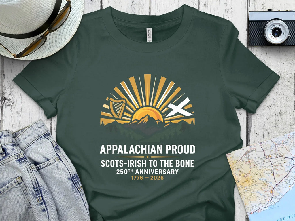 Green t-shirt with "Appalachian Proud Scots-Irish to the Bone" design.