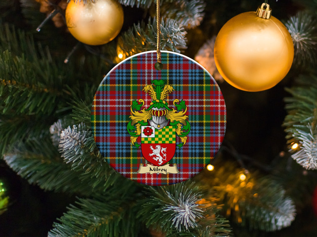 Milroy family emblem ceramic Christmas ornament with Caledonia tartan background in festive holiday décor