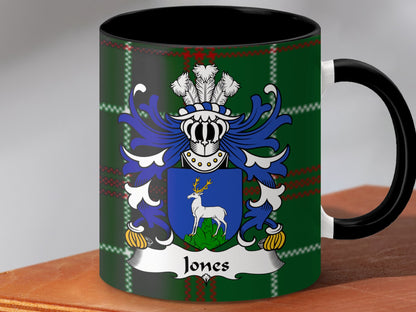 Jones Family Crest on Tartan Background Mug - Living Stone Gifts