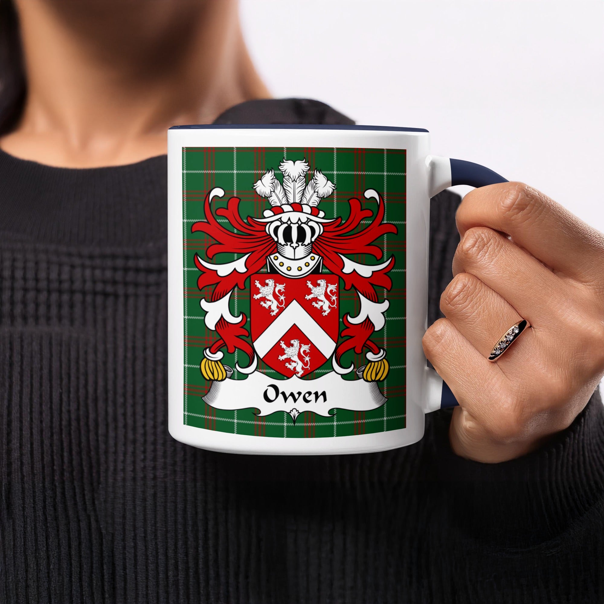 Owen Welsh ancestry gift mug with green tartan and heraldic family crest