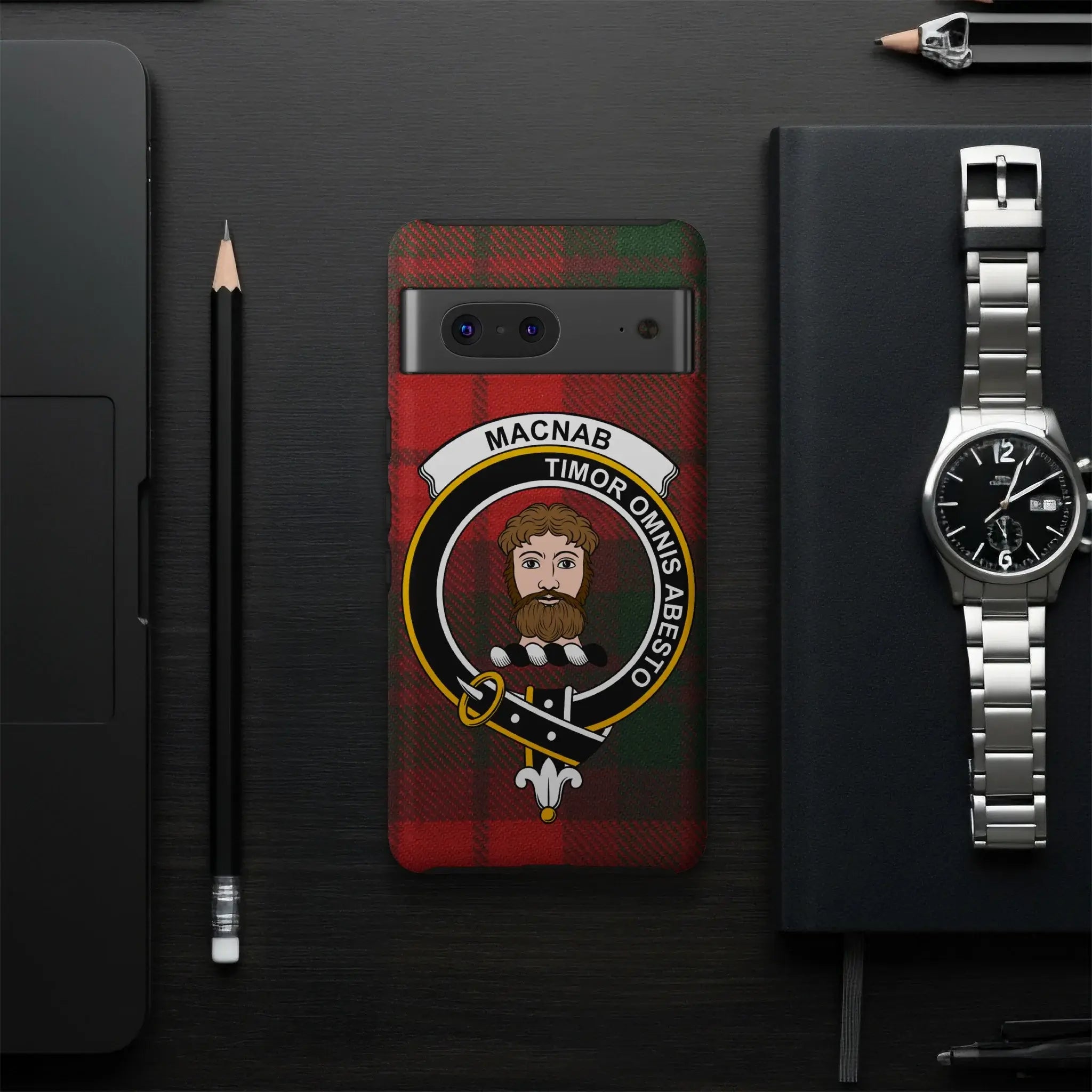 MacNab clan crest tartan phone case — slim glossy UV-resistant Let Fear Be Far From All wrap