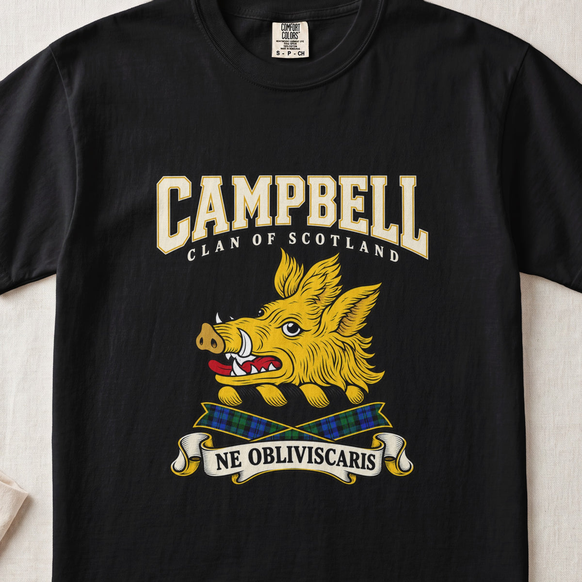 Campbell graphic T-shirt in Black, front flat lay showing varsity lettering and gold boar head with tusks and red tongue.
