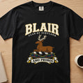 Blair clan crest with resting stag on a black Comfort Colors T-shirt, front view