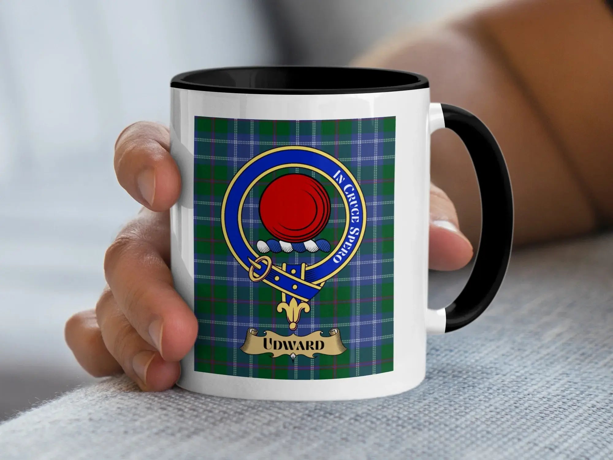 Udward tartan mug with a coloured accent handle and interior