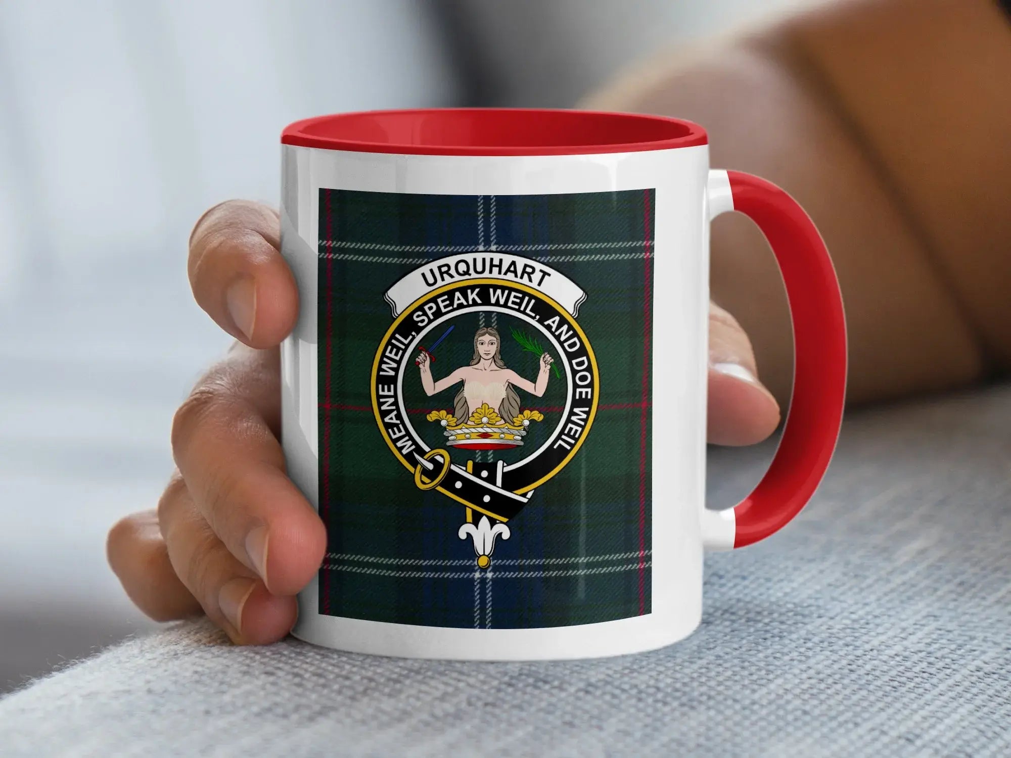 Urquhart clan crest badge tartan coffee mug — black handle, 11oz