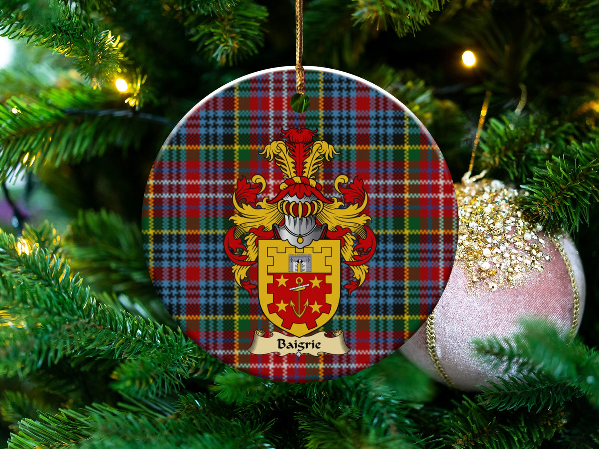 Baigrie Scottish clan ceramic ornament with family crest on a Caledonia tartan background, hanging on a Christmas tree