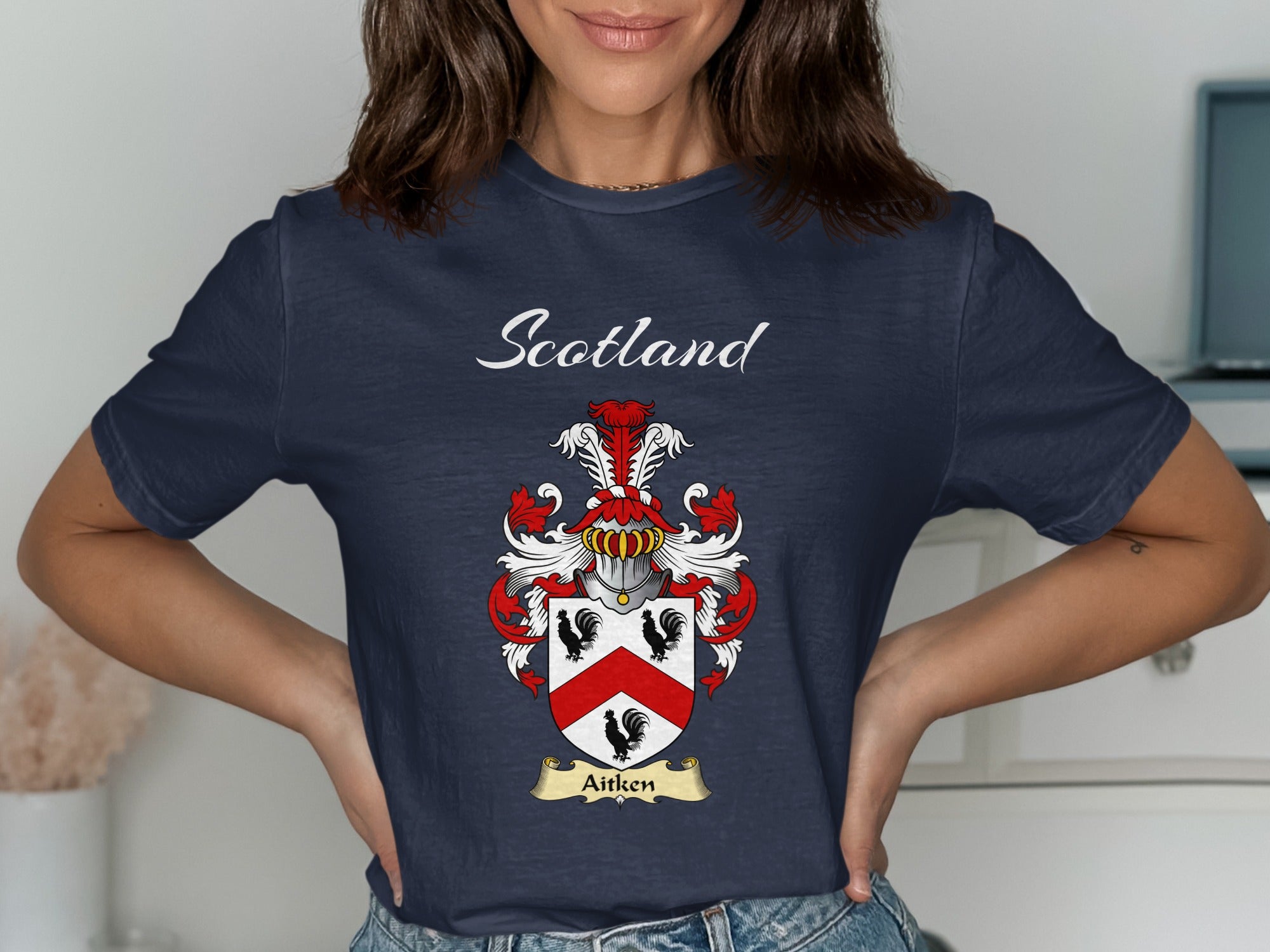 Aitken Scottish family shield design on Navy T-shirt